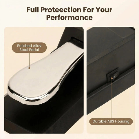 Close-up of polished alloy steel pedal and durable ABS housing of Sustain Foot Pedal For Keyboards And Digital Pianos With Polarity Switch