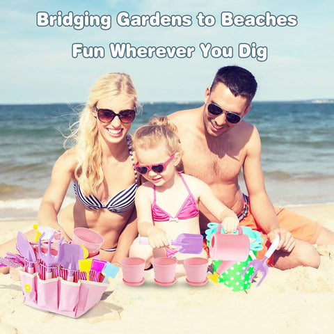 Pink Kids Gardening Tools Set With Rake Shovel Trowel Watering Can Gloves Apron Tote Bag Plant Pots And DIY Bookmark Kits for Toddlers at Beach