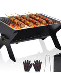 Portable Campfire Grill For Outdoors Large Folding Stainless Steel Fire Pit With Grill And Carry Bag Heavy Duty Charcoal BBQ with Korean skewers and accessories visible.