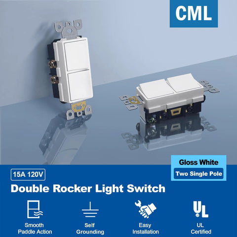 Dual Rocker Decorator Light Switch In Wall Paddle Style Space Saving Dual Single Pole Control Self Grounding On Off Interrupter 15 Amp 120 Volt UL Listed White 1 Pack