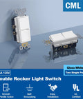 Double Paddle Rocker Decorator Light Switch For Single Pole Wiring Dual Self Grounding On Off Interrupter 15 Amp In Wall Switches UL Listed 10 Pack White, gloss white two-pole view