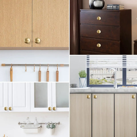 Six Pack 1.65 Inch Round Gold Cabinet Knobs With Brushed Finish Oversize Pulls on various cabinets and drawers.
