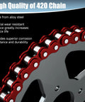 Close-up of Mini Bike Chain 420 90 Links Replacement With 15mm Chain Adjuster For Predator 212cc and 196cc Engines, red alloy steel chain.