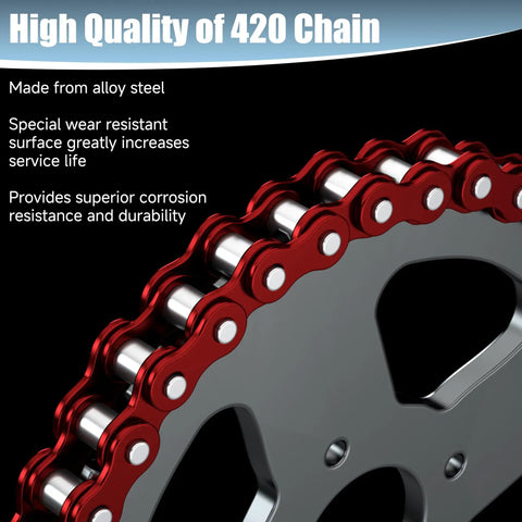 Close-up of Mini Bike Chain 420 90 Links Replacement With 15mm Chain Adjuster For Predator 212cc and 196cc Engines, red alloy steel chain.