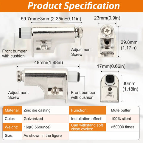 Product specifications for 25 Pack Real Deal Soft Close Cabinet Dampers with dimensions, materials, and usage details.