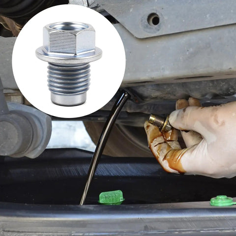 Two Pack Oil Drain Plug Kit With Crush Washer Gasket 32195AA021 803916010 For Forester 2017 2025 Crosstrek 2016 2025 Ascent 2019 2025 Replacement Parts shown in use during oil change