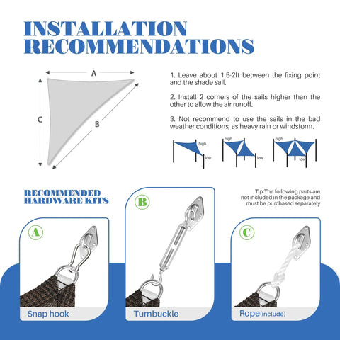 Installation guide and hardware for Right Triangle HDPE Sun Shade Sail For Backyard And Patio All Weather UV Resistant 8 By 8 By 11 Feet
