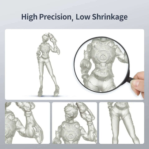 3D printed model using Tough 3D Printer Resin 2.0 with high precision details shown through a magnifying glass