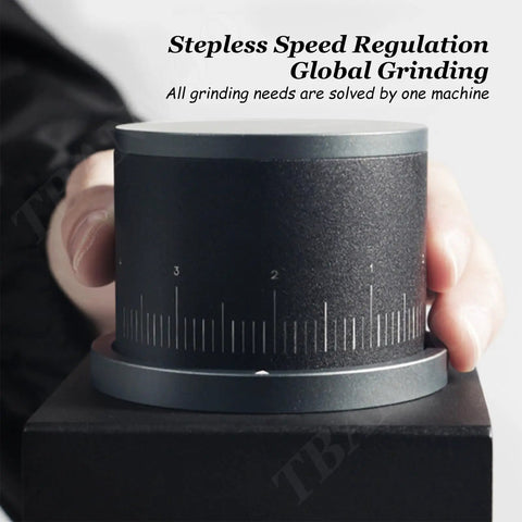 Top Shelf Electric Conical Burr Coffee Grinder With Slick Stepless Control showing the stepless dial for precise grinding.