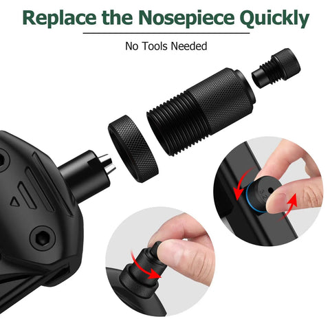 Beefy Heavy Duty 1/4 Inch Rivet Gun Kit With 200 Blind Rivets, 5 Nosepieces; easy nosepiece replacement feature shown