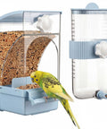 No Fuss Bird Feeder And Water Dispenser Set Packed With Automatic Clear Food Jar And Twelve Oz Drip Free Hydration Cup For Feathered Crew Like Parrots Canaries Lovebirds Budgies In Cool Blue Hanging Style, featuring a green budgie interacting with seeds.