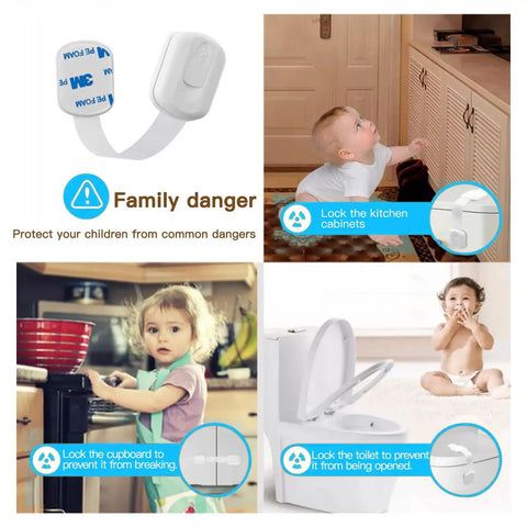 Easy Install No Drill Baby Proof Cabinet Locks Set For Cabinets Drawers Fridge Oven And More Adjustable Strap Child Safety Locks with images of toddlers highlighting usage.