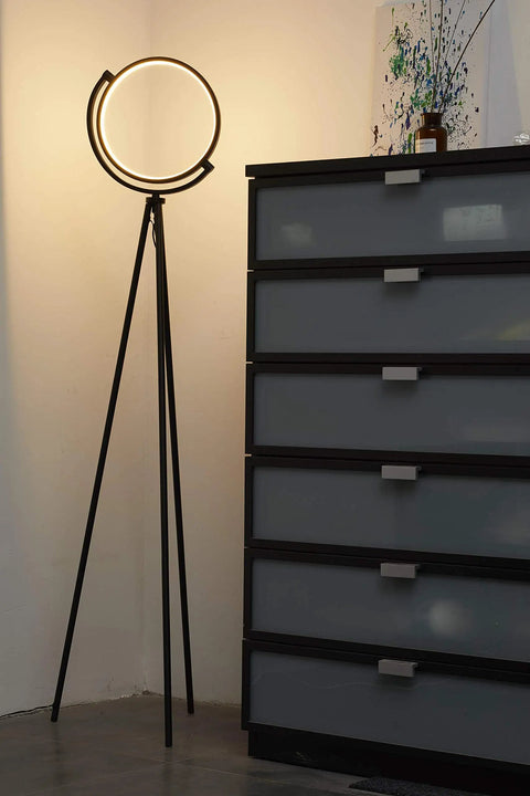 Eclipse Modern Tripod Floor Lamp With Adjustable LED Ring Light For Living Rooms Bedrooms And Offices Contemporary Orb Lighting With Warm White Glow And Directional Control For The Perfect Cozy Vibe