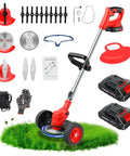 24V Cordless Weed Wacker With Three In One Trimmer Edger And Brush Cutter Includes Two Batteries And Charger Wheels For Easy Yard Work Made For Thick Weeds And Lawn Care, shown with accessories on grass.
