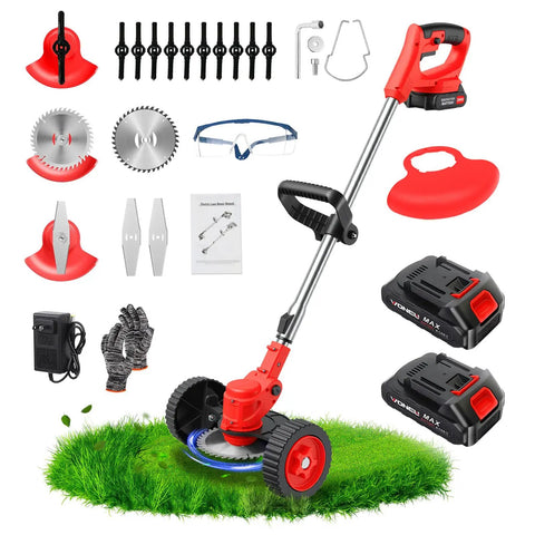 24V Cordless Weed Wacker With Three In One Trimmer Edger And Brush Cutter Includes Two Batteries And Charger Wheels For Easy Yard Work Made For Thick Weeds And Lawn Care, shown with accessories on grass.