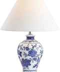 Blue And White Chinoiserie Floral Ceramic Table Lamp With Crystal Base And White Linen Shade Classic Vase Style Living Room Lighting With A Lit Vibe LED Bulb Included ETL Listed displayed with floral patterns.