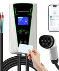 Wall Mounted EV Charger Station Smart 7Kw Single Phase Adjustable 8 To 32Amps Wifi Bluetooth Rfid Enabled 5Meter Tethered Cord Ip65 Waterproof Lcd Display showing LCD screen with charging details and RFID card.