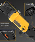 110V TIG Tungsten Electrode Sharpener with Dust Shield showing power switch, dimensions, and replaceable carbon brush.