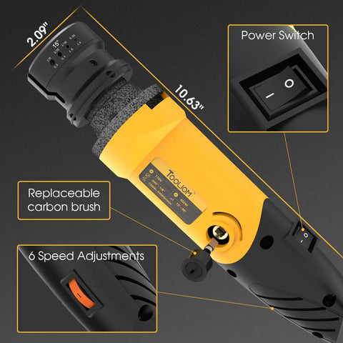 110V TIG Tungsten Electrode Sharpener with Dust Shield showing power switch, dimensions, and replaceable carbon brush.
