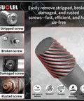 Five Piece Half Inch Drive Impact Wedge Proof Extractor Set For Bolt Removal And Safe Disassembly Extended Reach Design For Hard To Reach Fasteners For Tough Jobs showing rusted screw extraction