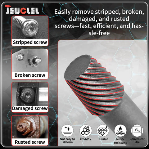Five Piece Half Inch Drive Impact Wedge Proof Extractor Set For Bolt Removal And Safe Disassembly Extended Reach Design For Hard To Reach Fasteners For Tough Jobs showing rusted screw extraction