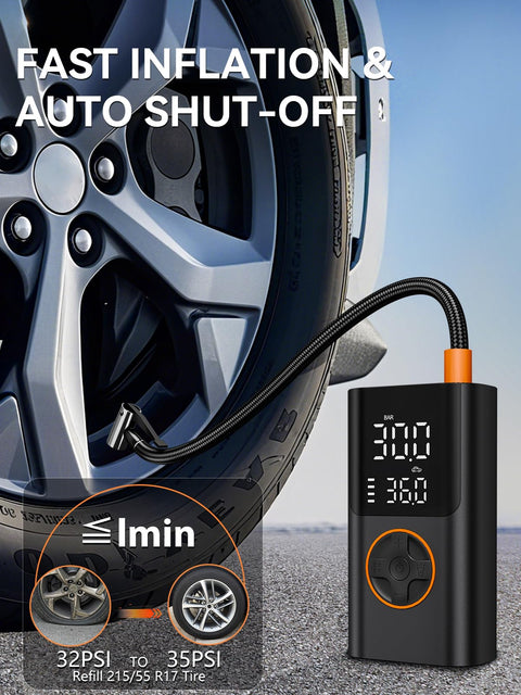 Portable Tire Inflator With Gauge And USB Charging Output, 150 PSI Fast Air Compressor inflating car tire, LCD display shown