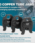 Compact Press Tool Kit With One Half Inch Three Quarter Inch And One Inch Copper Pipe Jaws For ProPress American Standard Fittings Durable Pro Grade Lightweight And Easy To Use Ideal For Pros And DIY Home Plumbing Projects. three copper tube jaws for 1/2, 3/4, and 1 in copper piping