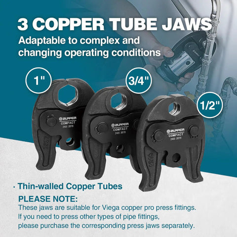 Compact Press Tool Kit With One Half Inch Three Quarter Inch And One Inch Copper Pipe Jaws For ProPress American Standard Fittings Durable Pro Grade Lightweight And Easy To Use Ideal For Pros And DIY Home Plumbing Projects. three copper tube jaws for 1/2, 3/4, and 1 in copper piping