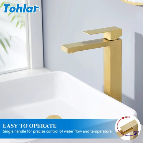 Brushed Gold Sleek Vessel Sink Faucet Tall Single Handle 1 Hole Water Saving Aerated Spout 304 Stainless Steel Bathroom Vanity Faucet