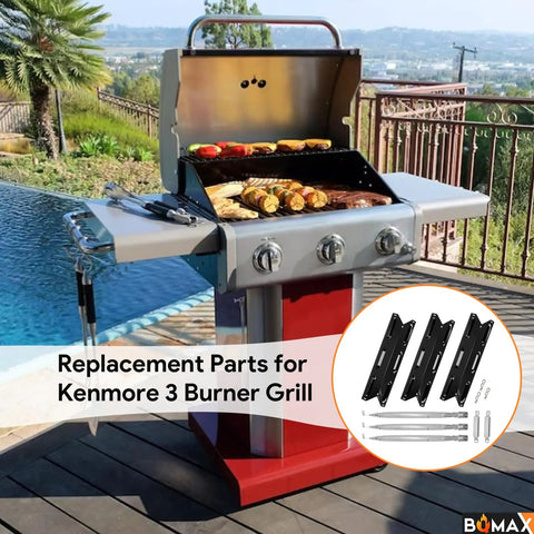 Grill Replacement Parts Kit For Kenmore 3 Burner Gas Grill With Heat Plate And Burner Set Replacement Parts shown.