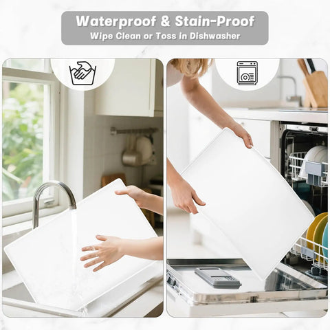 Silicone Coffee Mat 12 By 19 Inches, Waterproof Raised Edge Bar Mat shown rinsing in sink and placed in dishwasher.