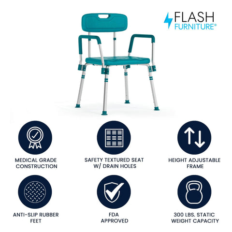 HERCULES Series Teal Bath And Shower Chair, 300 LB Capacity, Adjustable With Quick Release Back And Arms, Converts To Backless Stool, Safe ANSI BIFMA X5.1-17 Shower Seat For Elderly And Post Surgical