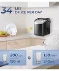 Countertop Ice Maker With Handle Delivers Chewable Nugget Ice In Six Minutes Or Less, 34 lbs daily ice output, compact design.