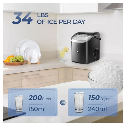 Countertop Ice Maker With Handle Delivers Chewable Nugget Ice In Six Minutes Or Less, 34 lbs daily ice output, compact design.
