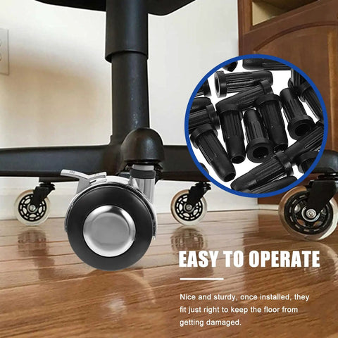 Thirty Pack Chair Foot Pads Packing A Sweet Snug Fit And Heavy Duty Non Marking Treads To Keep Floors Completely Scratch Free While Making Swivel Office Chairs Glide Like Silk Across Desks Or School Rooms Daily. Close-up of a chair caster with floor protector installed.