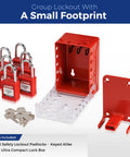 Portable Group Lock Box With Red Keyed Alike Padlock Set Wall Mountable Plastic Safety Cabinet Fits Twelve Workers Transparent Hinged Cover Job Ready No Sweat Heavy Duty Design showing six red padlocks and compact box.