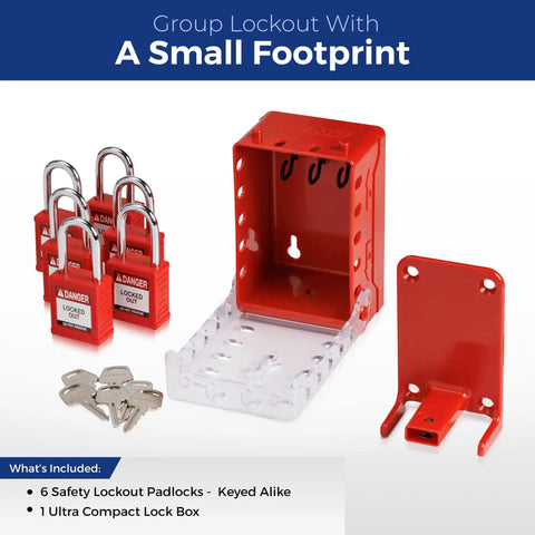 Portable Group Lock Box With Red Keyed Alike Padlock Set Wall Mountable Plastic Safety Cabinet Fits Twelve Workers Transparent Hinged Cover Job Ready No Sweat Heavy Duty Design showing six red padlocks and compact box.