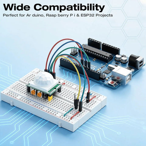 Five Pack HC-SR501 PIR Motion Sensor Modules Dope DIY Kit With 5-18S Adjustable Delay Ultra Low Power 4.5-20V 100 Degree Field Of View And 3-7m Range Perfect For Arduino Raspberry Pi Projects And STEM Education. PIR sensor on breadboard with jumper wires and controller board