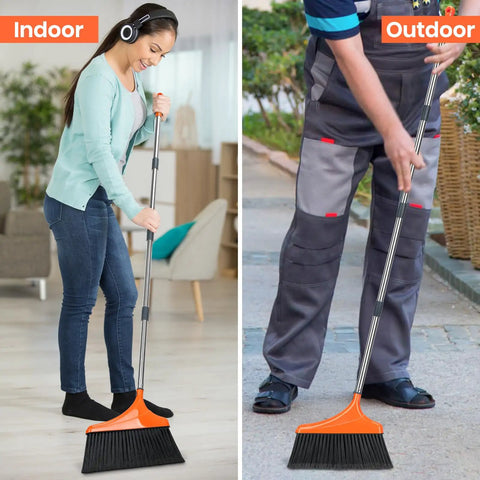 Four Pack Heavy Duty Angle Broom With Fifty Two Inch Handle And Tough Split Bristles used indoors and outdoors for easy cleaning.