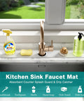 Nobody Likes A Wet Counter So Upgrade Your Wash Station With This Slick Diatomite Stone Faucet Mat That Instantly Soaks Up Water To Keep Your Kitchen Sink Drip Free And Totally Stress Free Forever, showcasing a gold faucet and cleaning supplies.