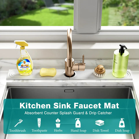 Nobody Likes A Wet Counter So Upgrade Your Wash Station With This Slick Diatomite Stone Faucet Mat That Instantly Soaks Up Water To Keep Your Kitchen Sink Drip Free And Totally Stress Free Forever, showcasing a gold faucet and cleaning supplies.