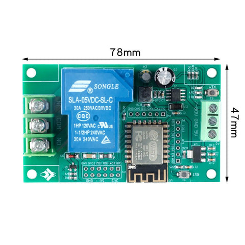 One Channel ESP8266 WiFi Relay Board With ESP 12F 30A Relay And Optocoupler Isolation For Smart Home Wireless Control Development Module Perfect For Remote Automation Powered By DC 7 To 28 V Or 5 V Supply, 78x47mm PCB