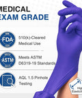 Rock Solid Dark Blue Nitrile Exam Gloves 100 Pack Powder Free And Latex Free Medical Grade Disposable Gear with medical standards logo.