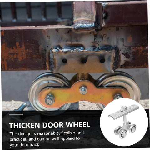 Close-up of Heavy Duty Sliding Barn Door Roller Kit With Beefy Gate Rollers And Steel Track for smooth door movement.