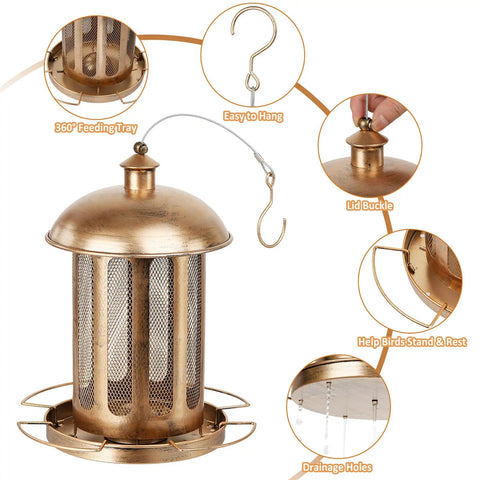 Large Capacity Metal Bird Feeder For Outdoor Hanging Built To Last Heavy Duty Wild Bird Feeder with drainage holes and lid buckle.