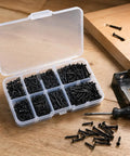Top Shelf Black Phillips Self Tapping Screws 800 Piece Assortment Kit organized in clear case, perfect for electronics projects.