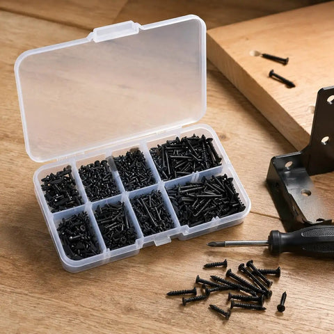 Top Shelf Black Phillips Self Tapping Screws 800 Piece Assortment Kit organized in clear case, perfect for electronics projects.