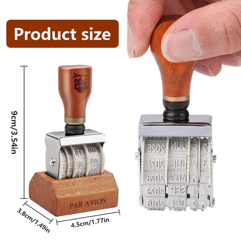 Dope Self Inking Roller Date Stamp Featuring Adjustable Day Month And Year Settings From 2025 To 2036 with wooden handle and size details.
