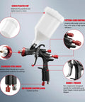 R500 LVLP Paint Gun With 1.3mm 1.5mm And 1.7mm Nozzles Air Regulator Teflon Coated Finish Pro Grade Sprayer diagram and features