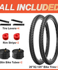 Two Pack 26x2.125 Mountain Bike Tires Folding Replacement Set With Schrader Valve Tubes Includes 4 Tire Levers And 2 Rim Strips